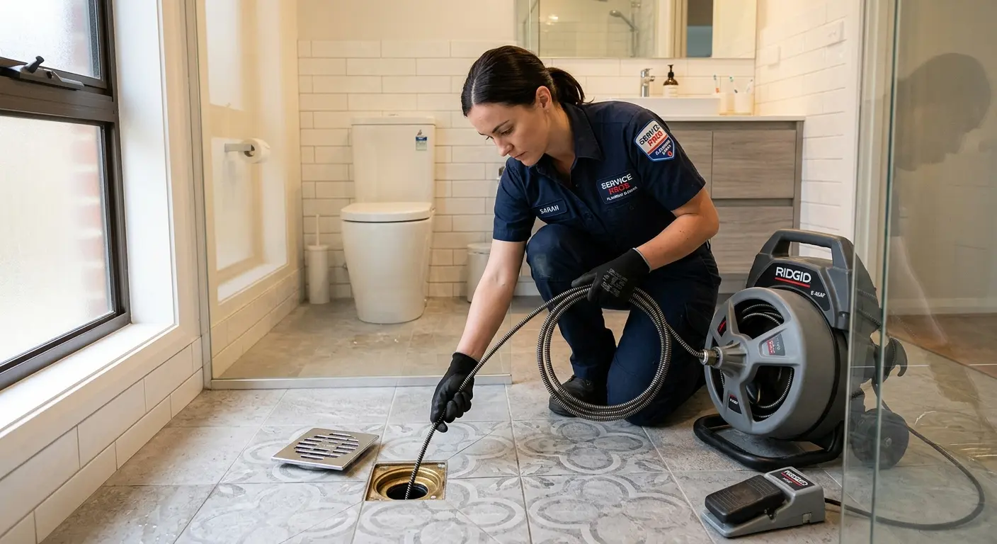 Technician clearing a bathroom floor drain for Hydro Jetting in Shamokin